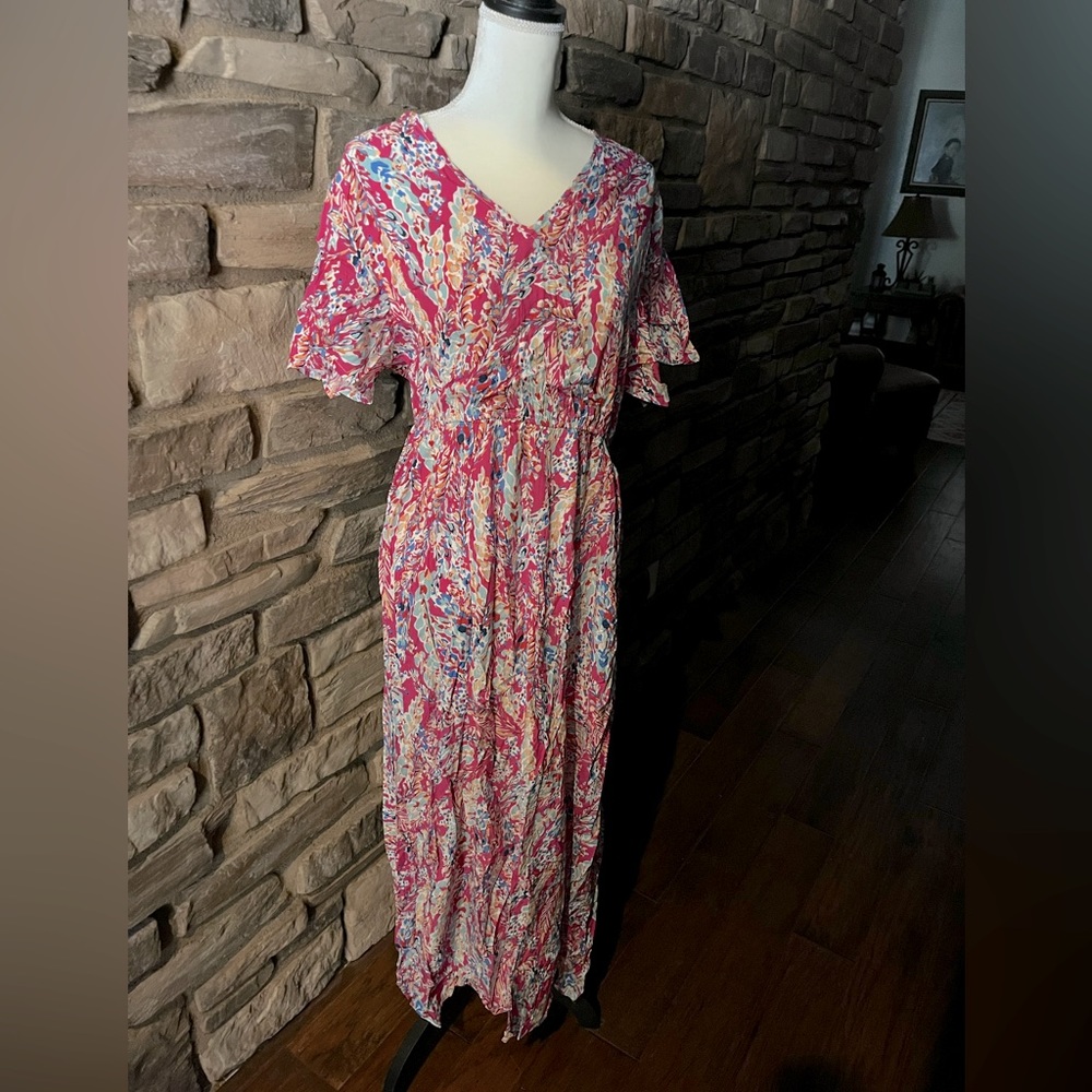 V Neck Bright Floral Maxi Dress